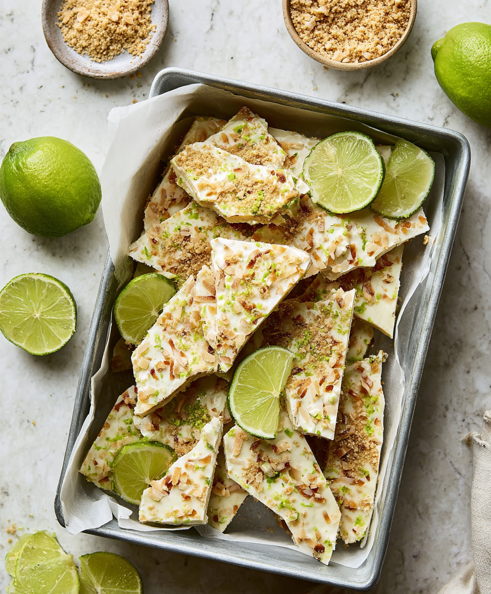 Key Lime Yogurt Bark on parchment with lime slices