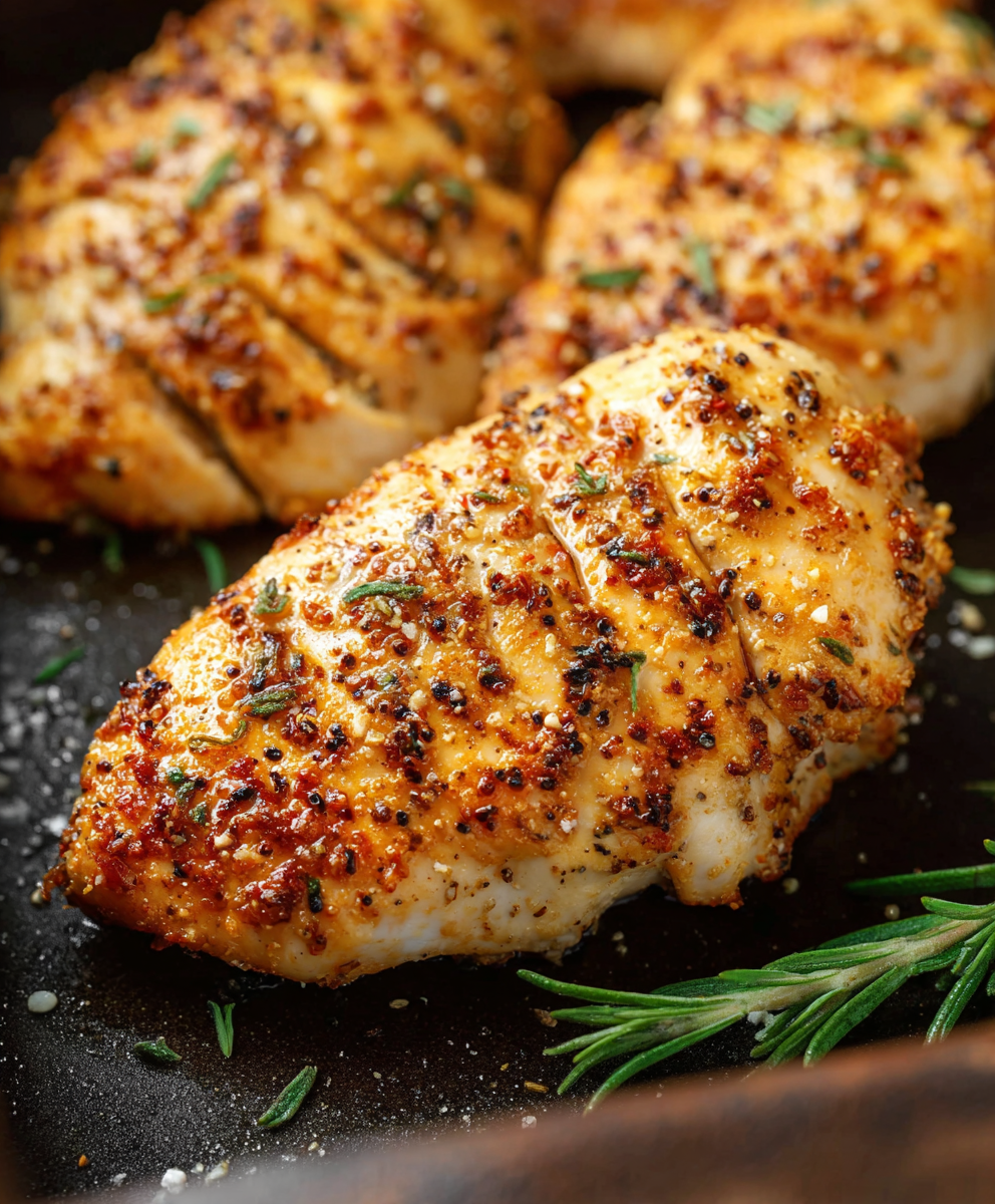 Close up of golden crust on baked chicken