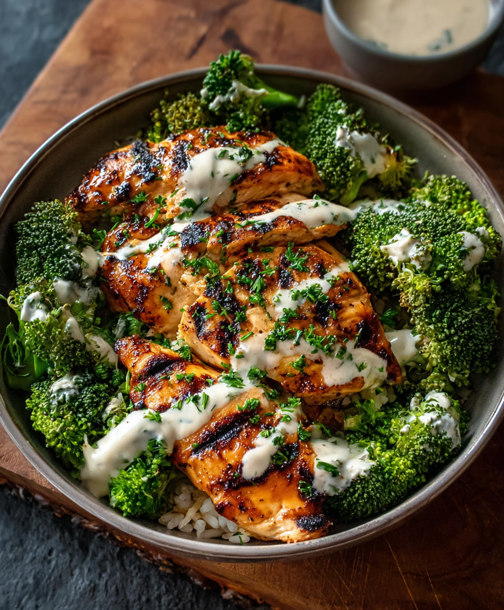 Grilled chicken and broccoli bowl with creamy garlic sauce