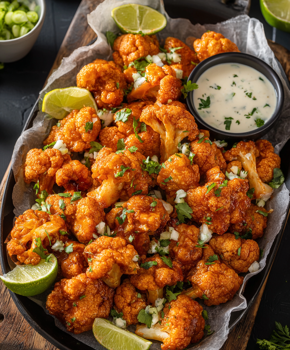 Buffalo cauliflower piled on a serving plate with dipping sauce