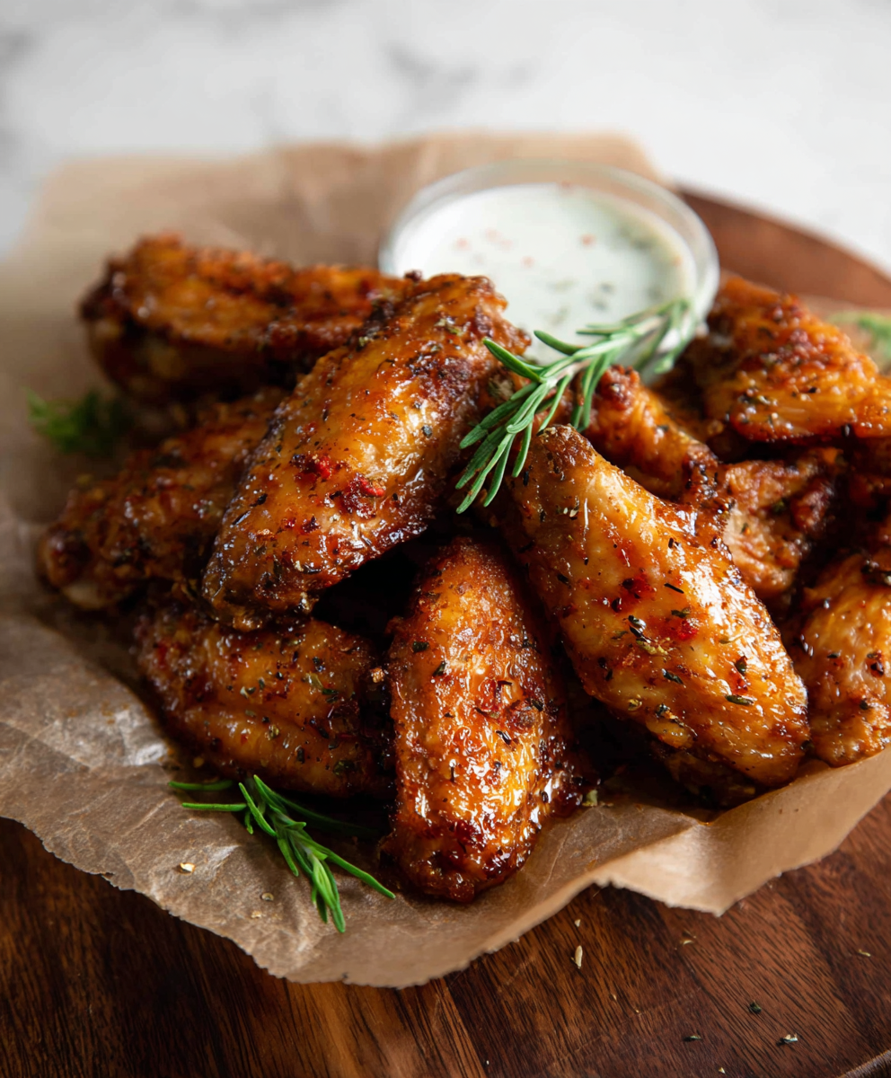 Crispy baked chicken wings on a baking sheet