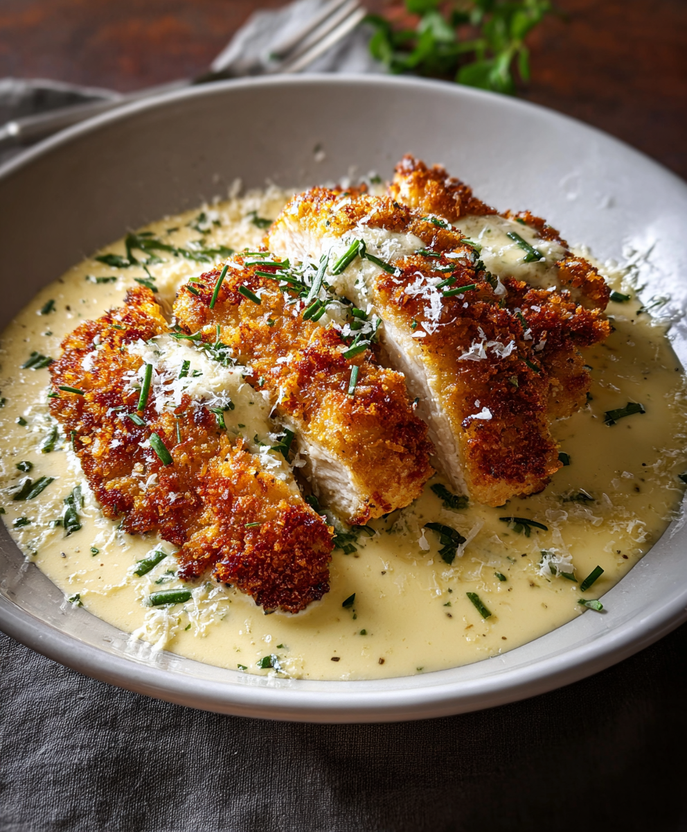 Plated crispy chicken topped with cream sauce and parsley