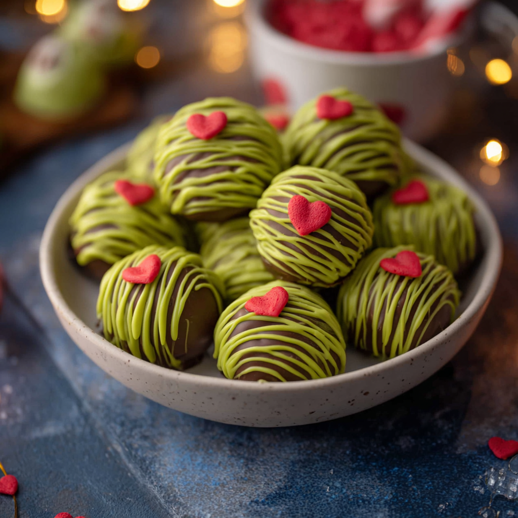Close-up of a decorated truffle with red heart sprinkle