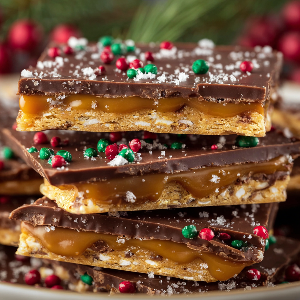 Close-up of Christmas Crack pieces with crushed candy canes