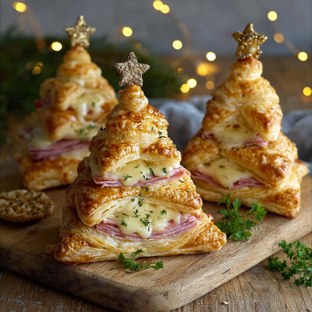 Ham and cheese puff pastry trees on a baking sheet