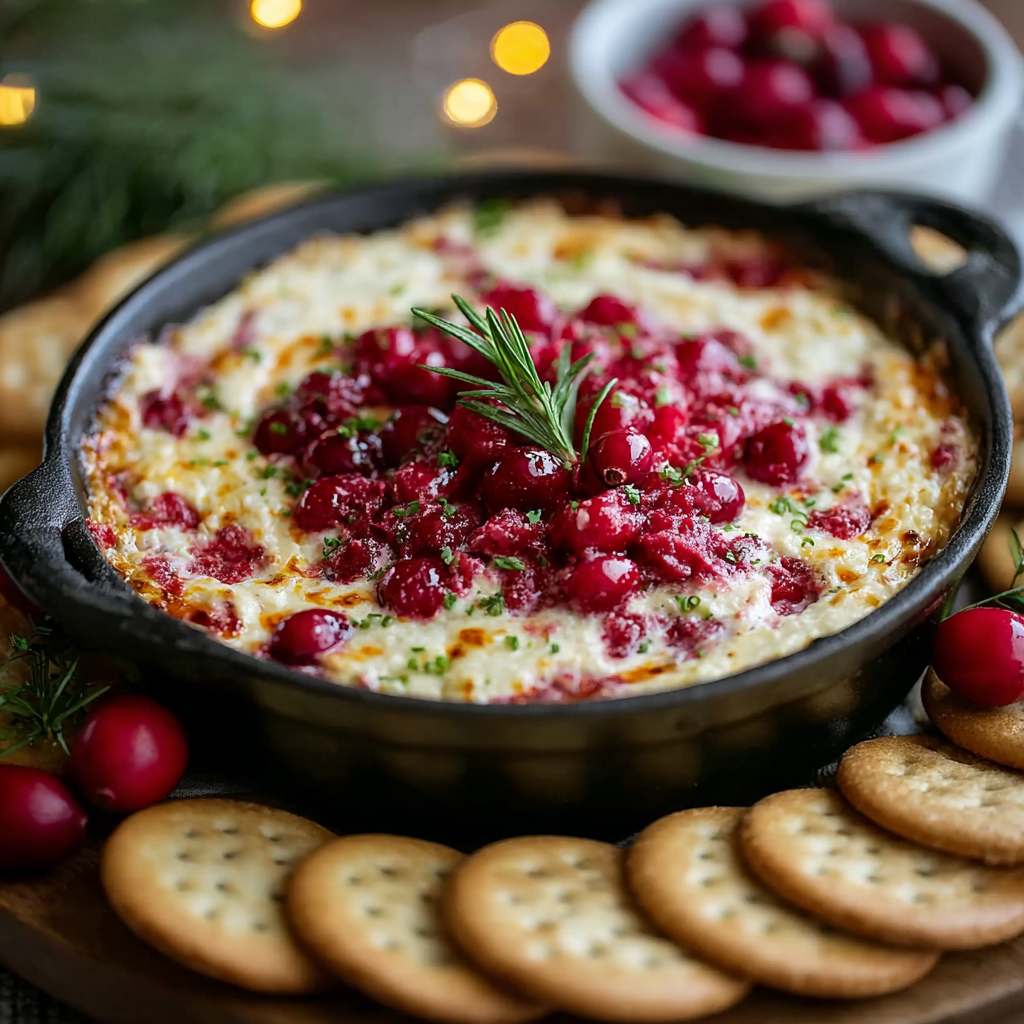 Close-up of sugared cranberries on baked dip