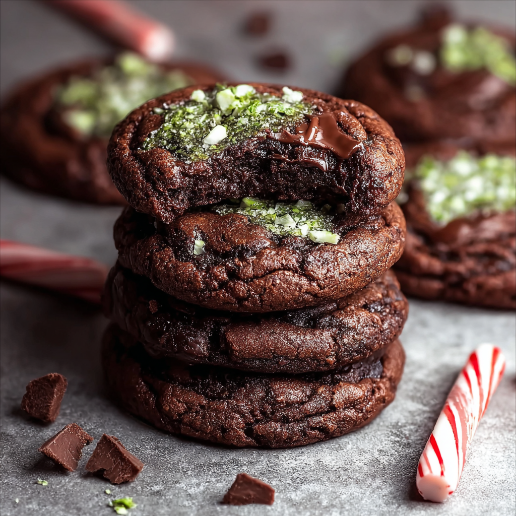 Tray of double chocolate mint cookies with peppermint chips