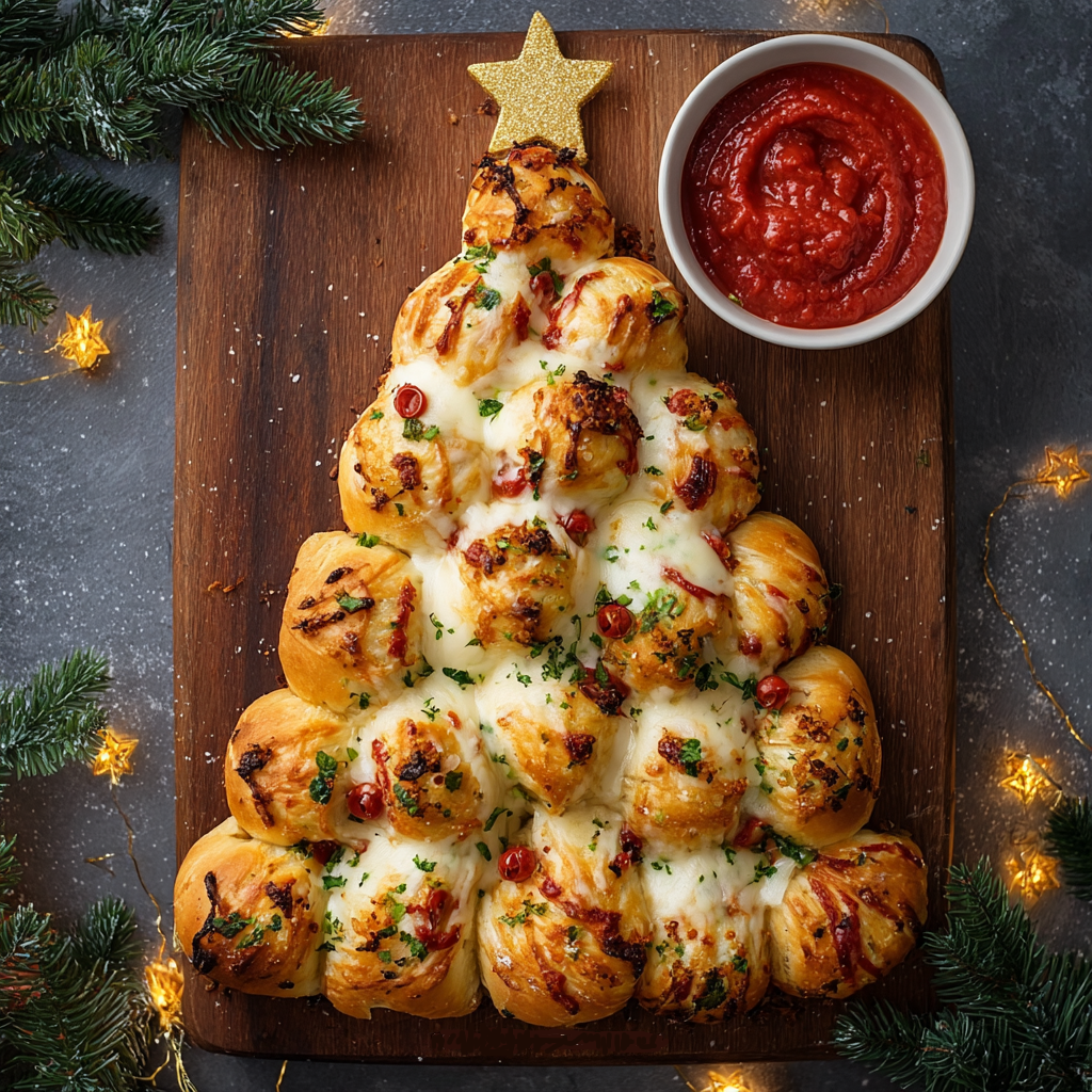 Cheesy pull-apart bread shaped like a tree, golden and oozing cheese