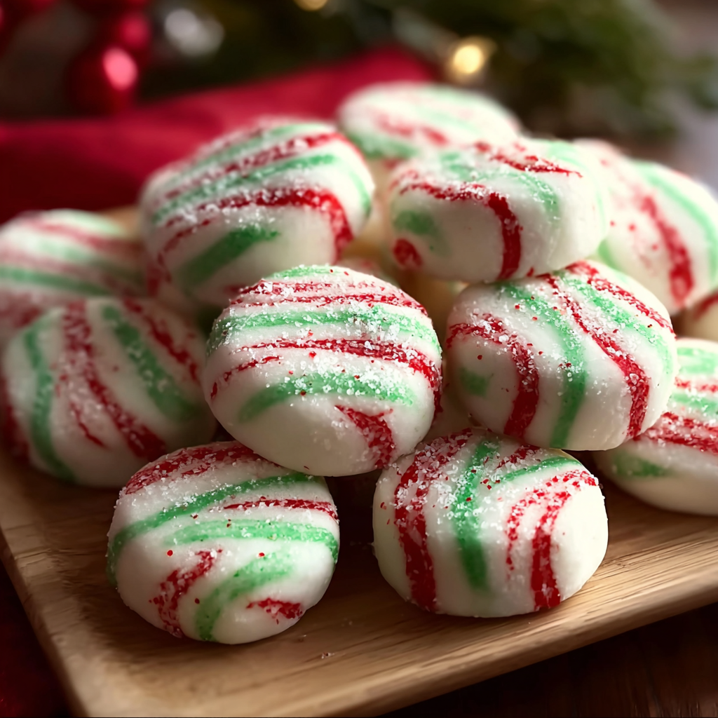 Twisted ropes of red green and white peppermint dough on a surface