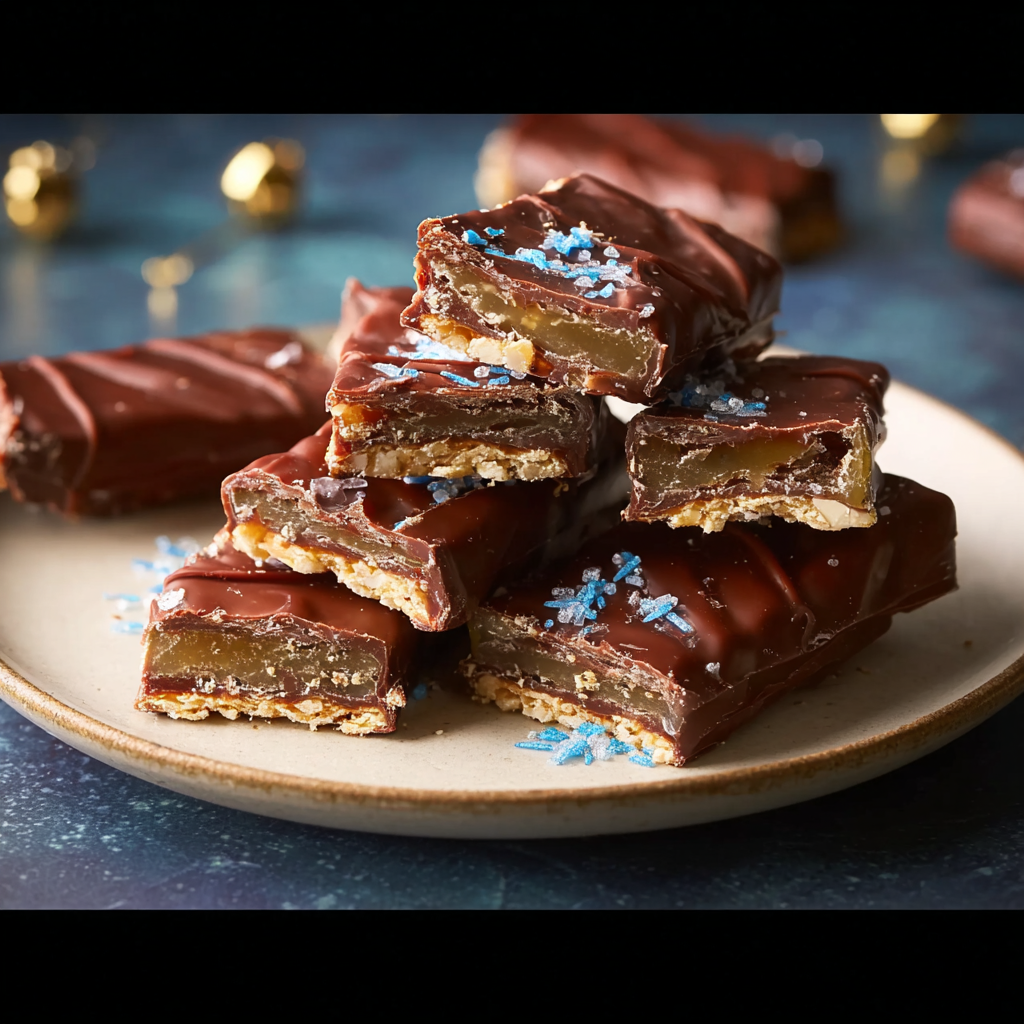 Broken pieces of saltine toffee with chocolate layer