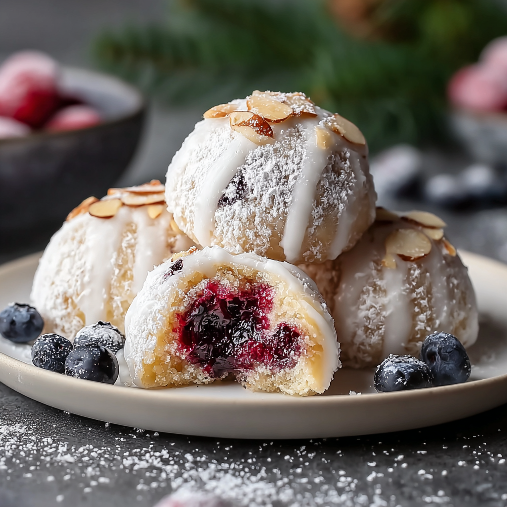 Blueberry and almond snowball cakes cooling on a rack
