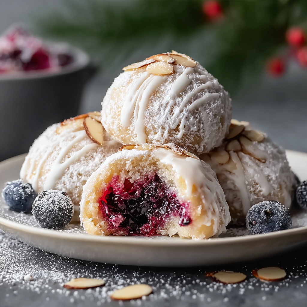 Close-up of a jam-filled almond snowball cake