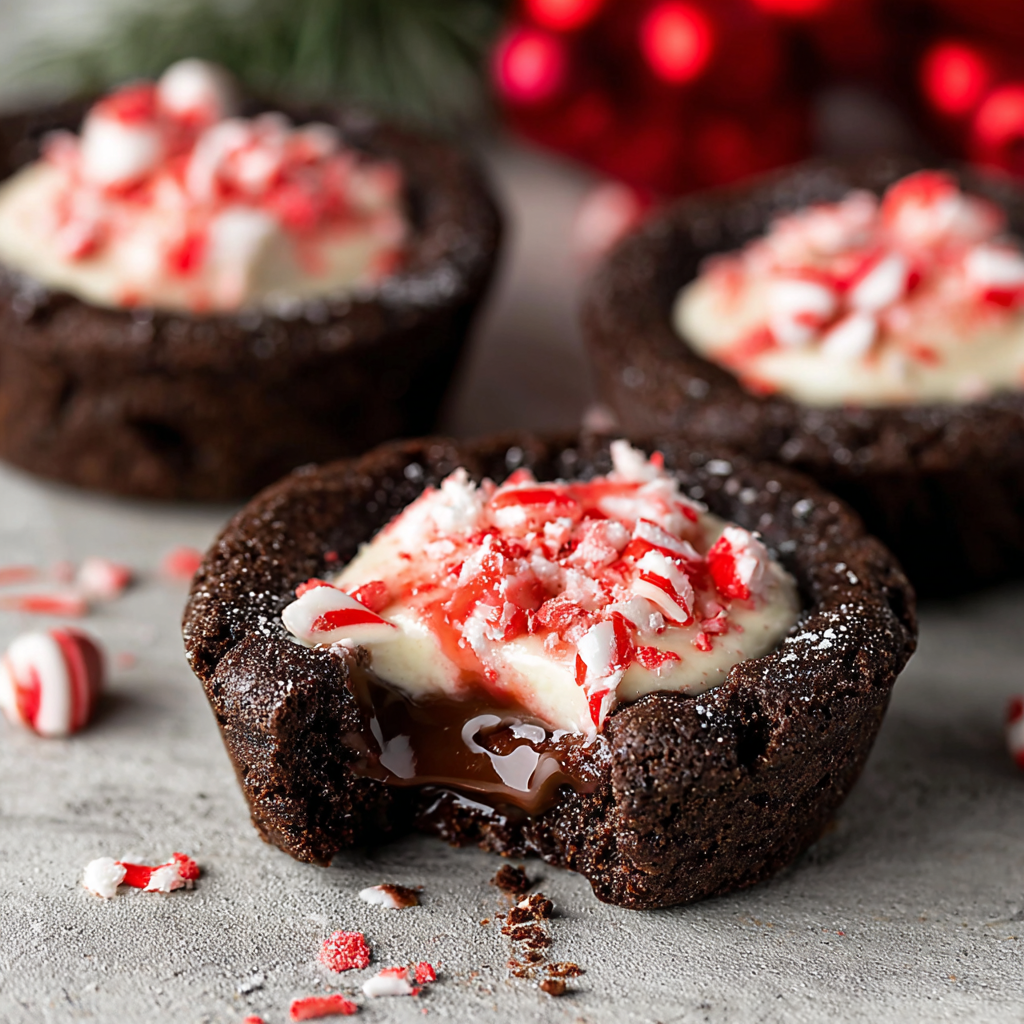 Chocolate peppermint cookie cups cooling in a tin