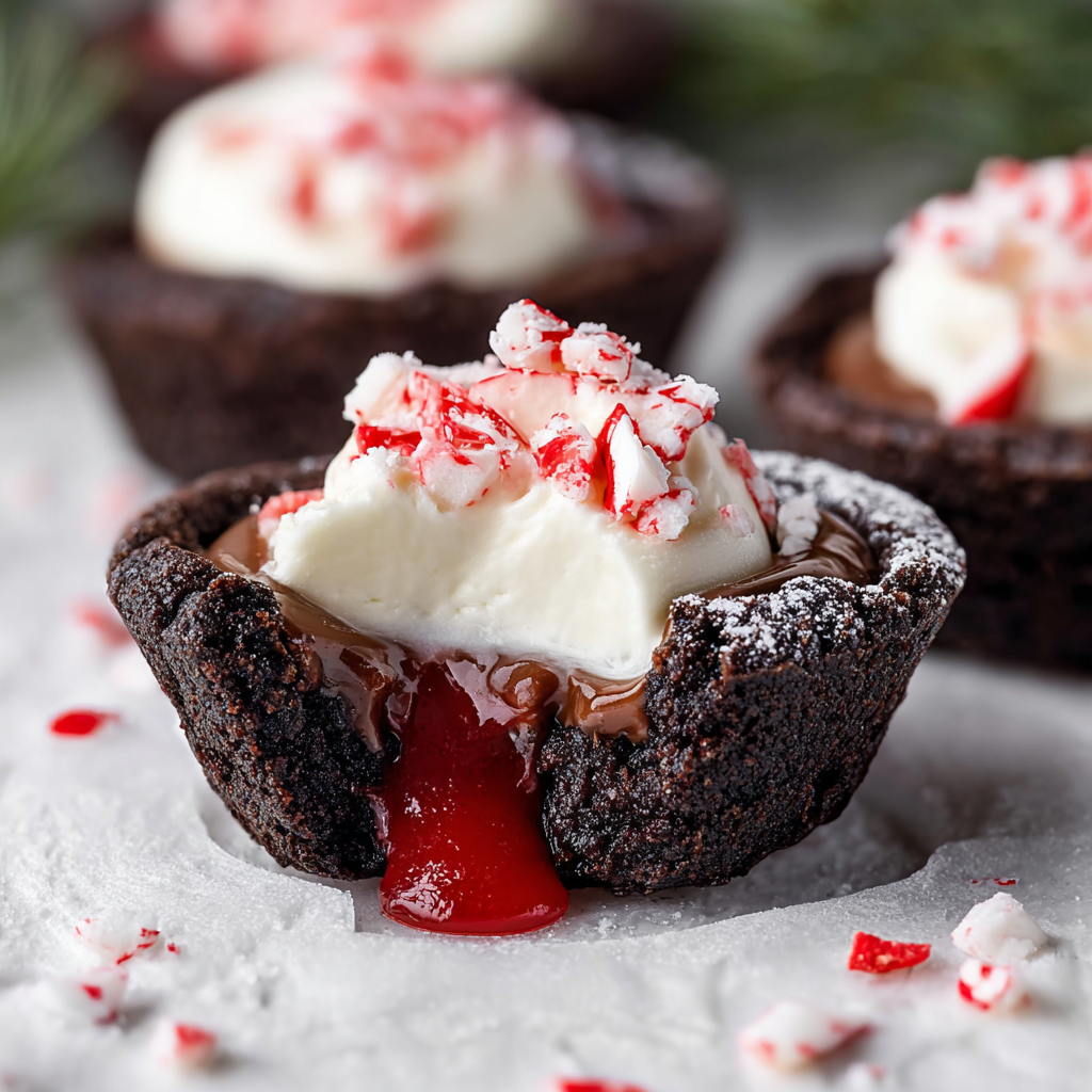 Close-up of a filled chocolate peppermint cookie cup topped with crushed candy cane