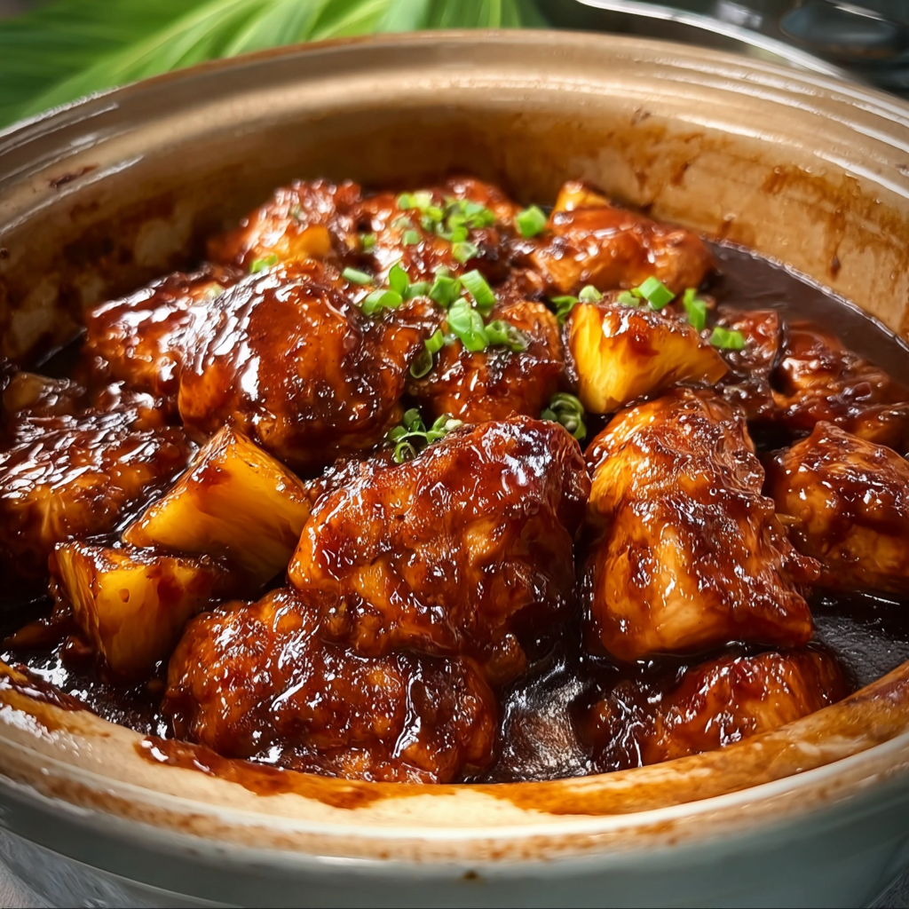 Sweet Hawaiian Crockpot chicken in a bowl with rice