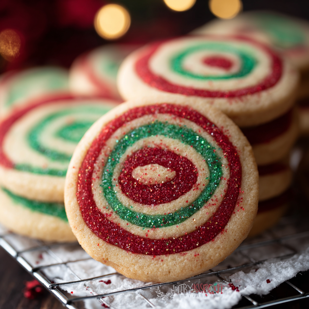 Baked pinwheel cookies on a tray with holiday decorations
