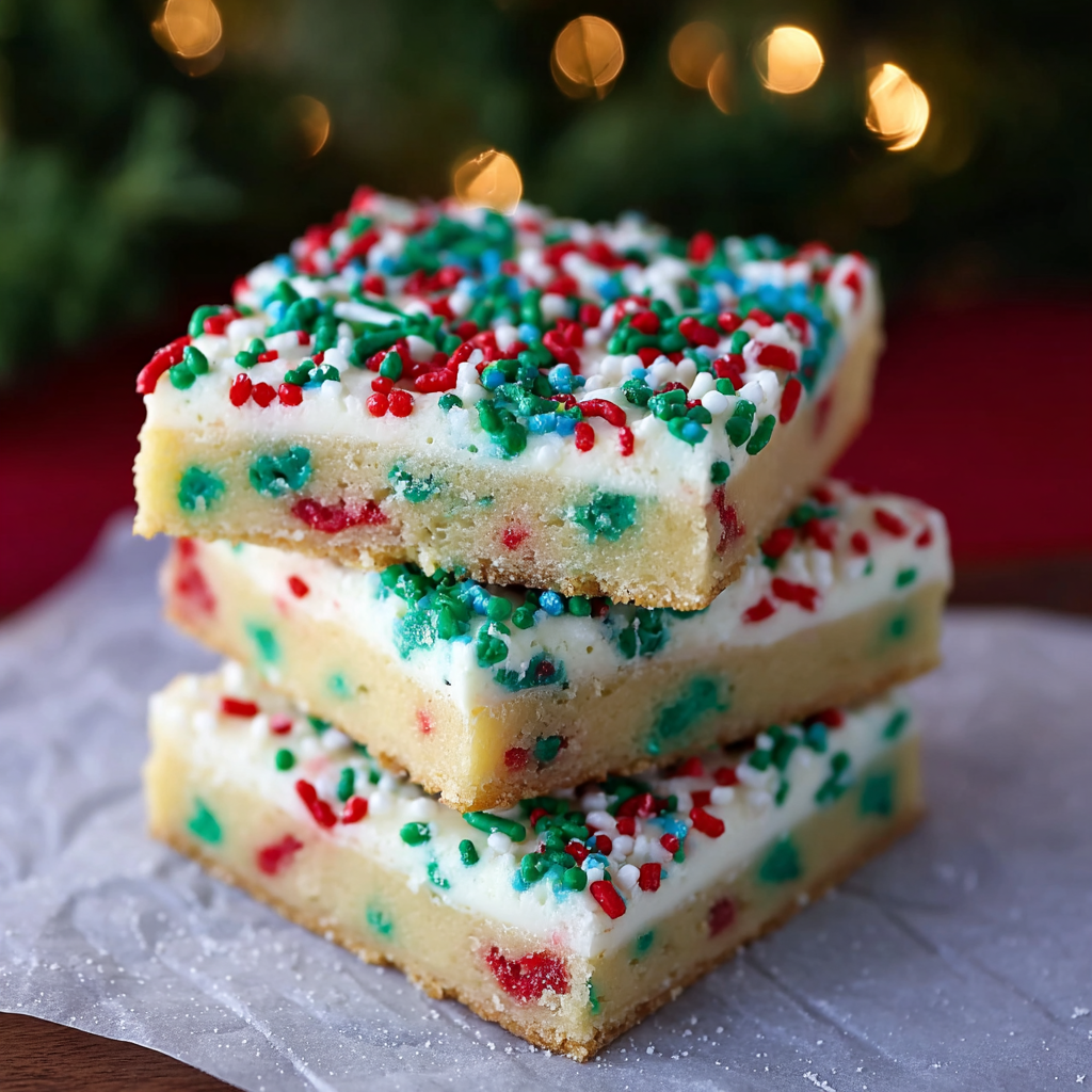 Christmas sugar cookie bars in a pan with sprinkles