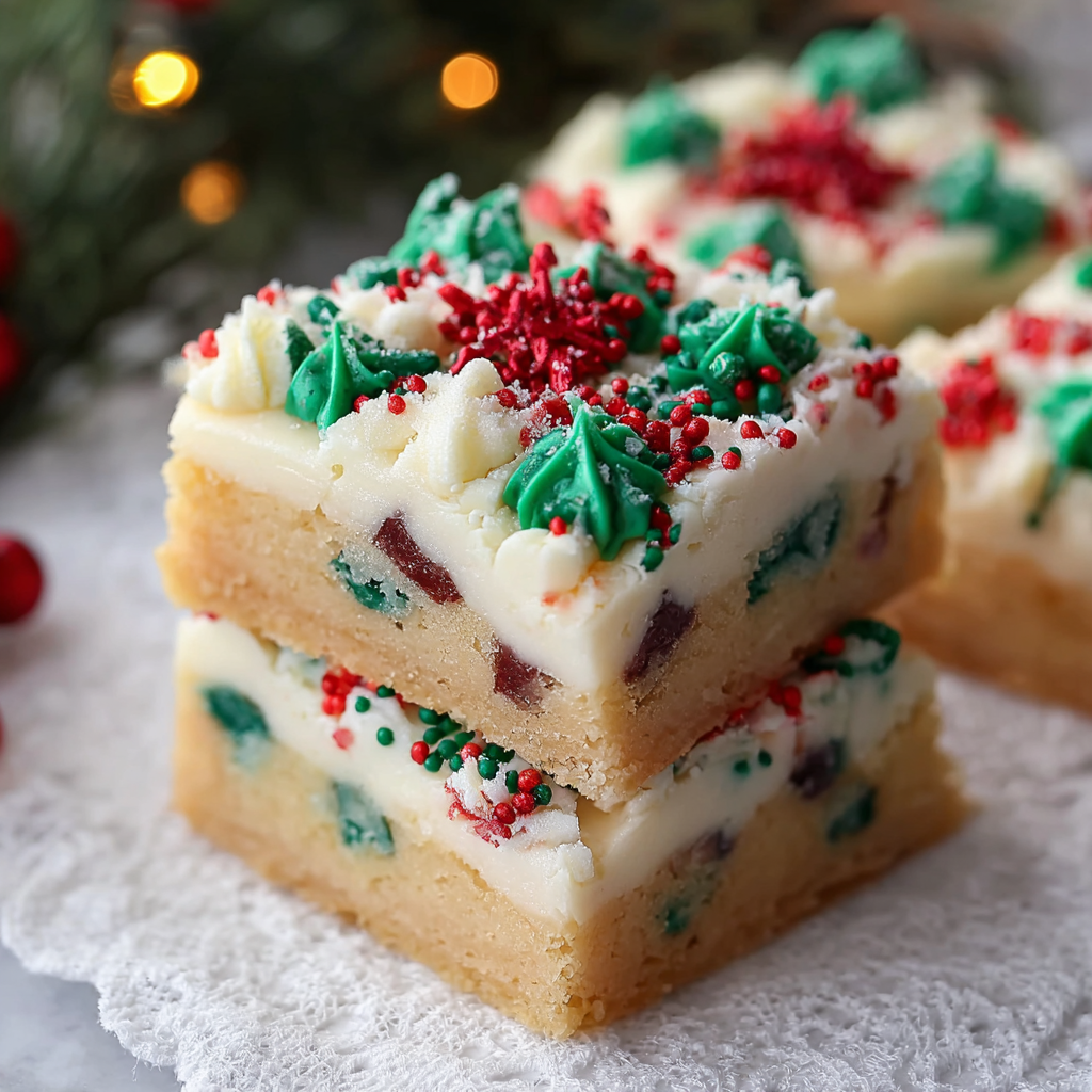 Close-up of frosted sugar cookie bars with sprinkles