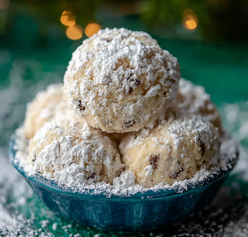 Close-up of snowball cookie with sprinkles and white chocolate