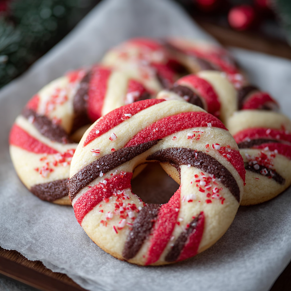 Finished candy cane cookies on a cooling rack