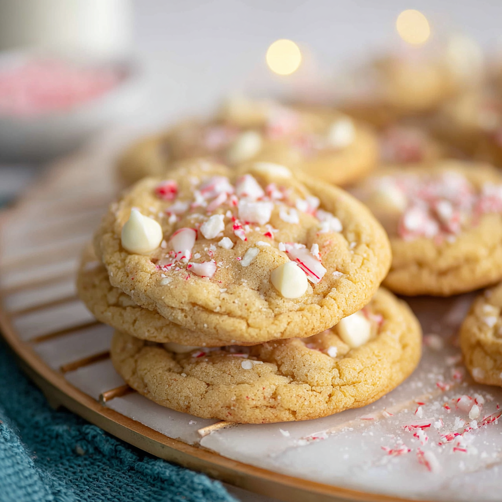 Close-up of cookie showing white chocolate and peppermint bits