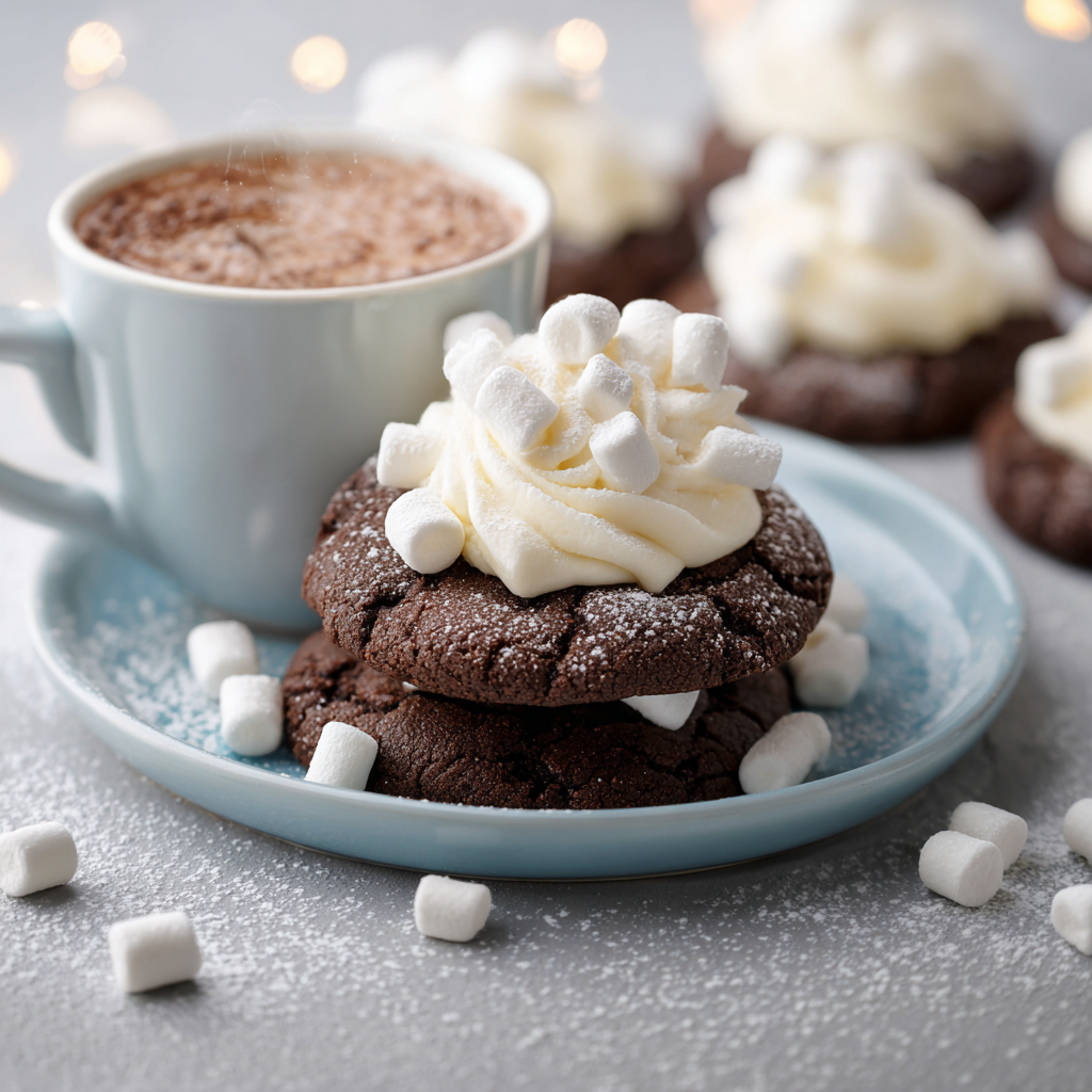 Hot Cocoa Cookies with Marshmallow Buttercream on a cooling rack
