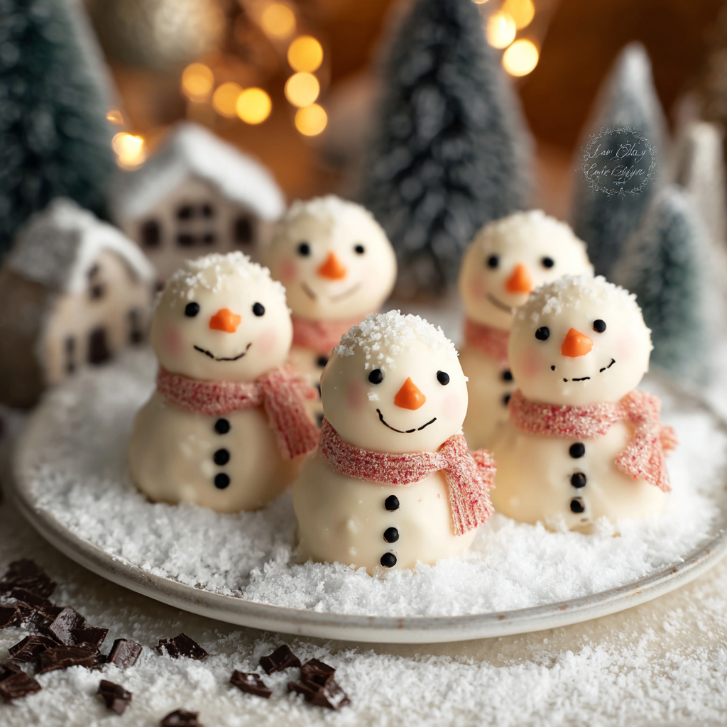 Snowman truffles on tray