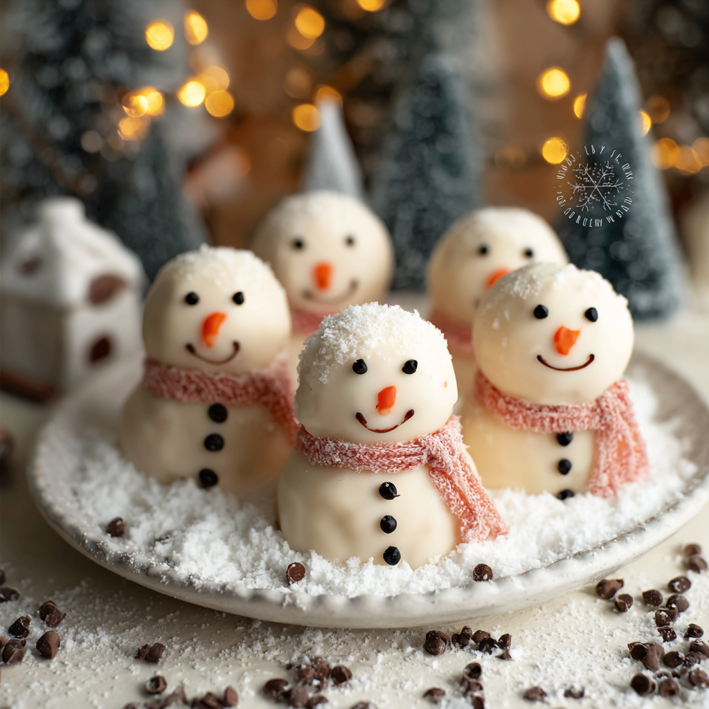 Decorating snowman truffles with candy scarves