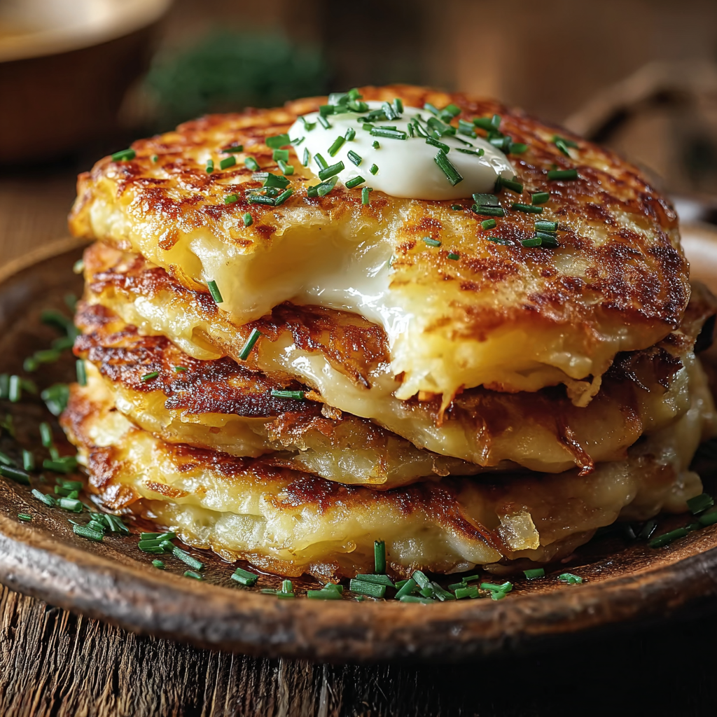 Golden potato pancakes served with fresh herbs