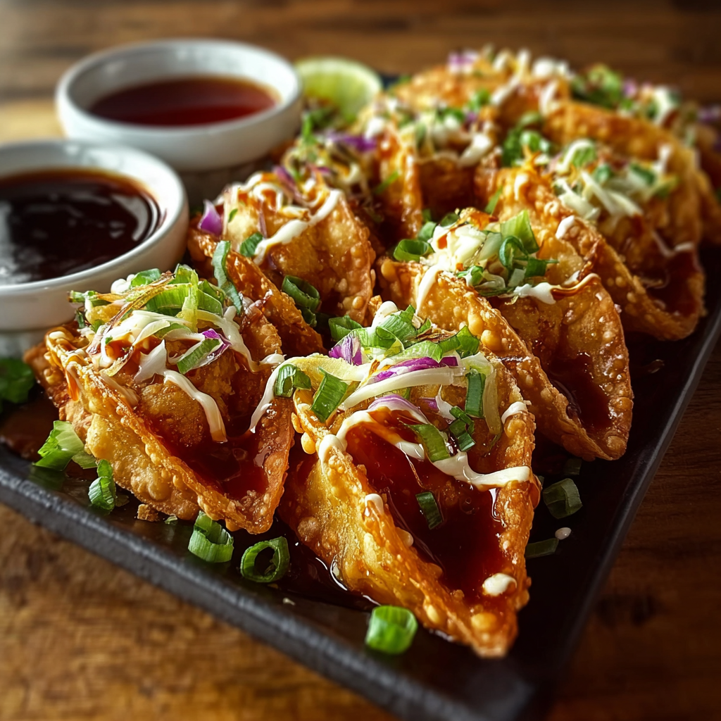 Crispy chicken wonton tacos served with slaw and sweet chili