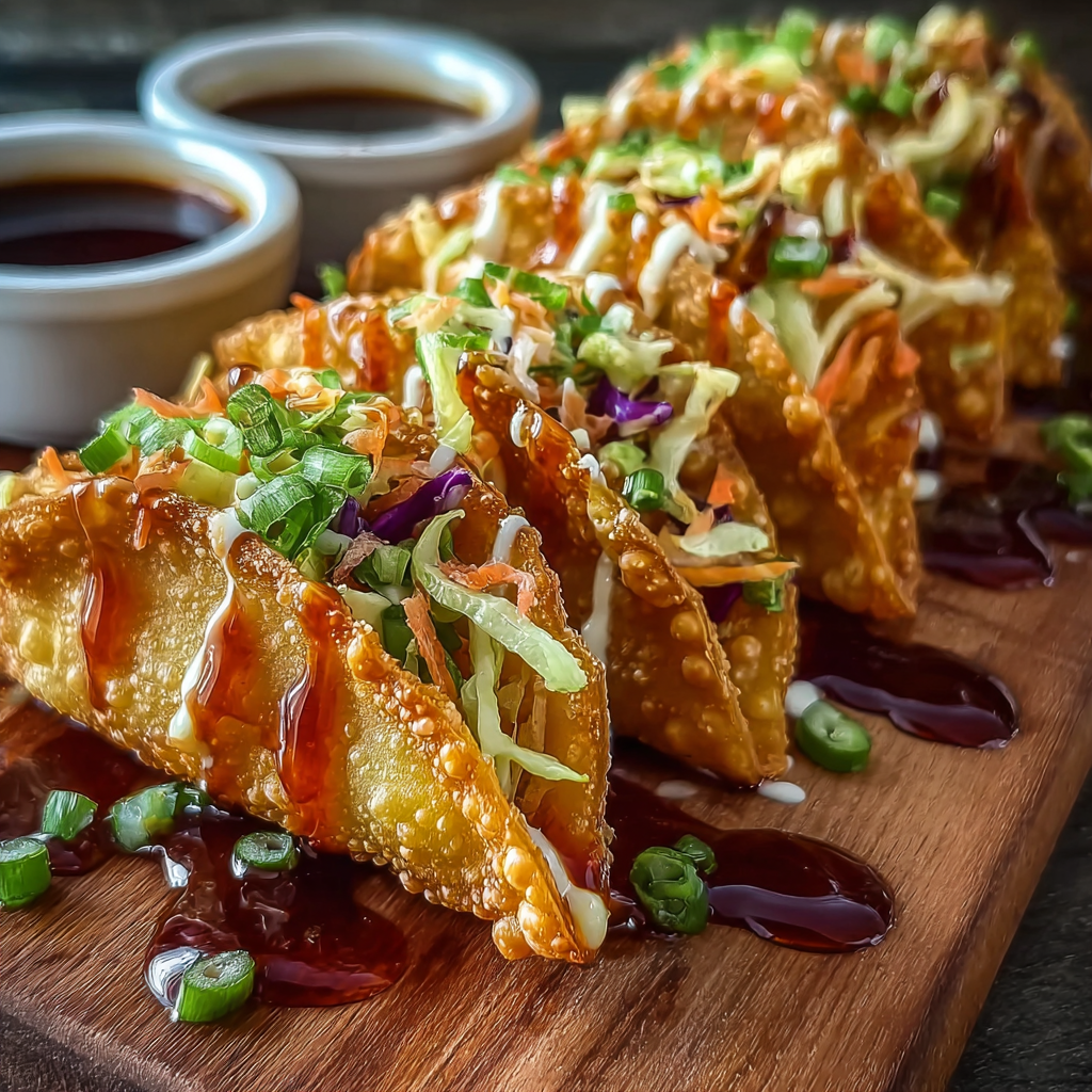 Close-up of assembled wonton tacos with slaw and cilantro