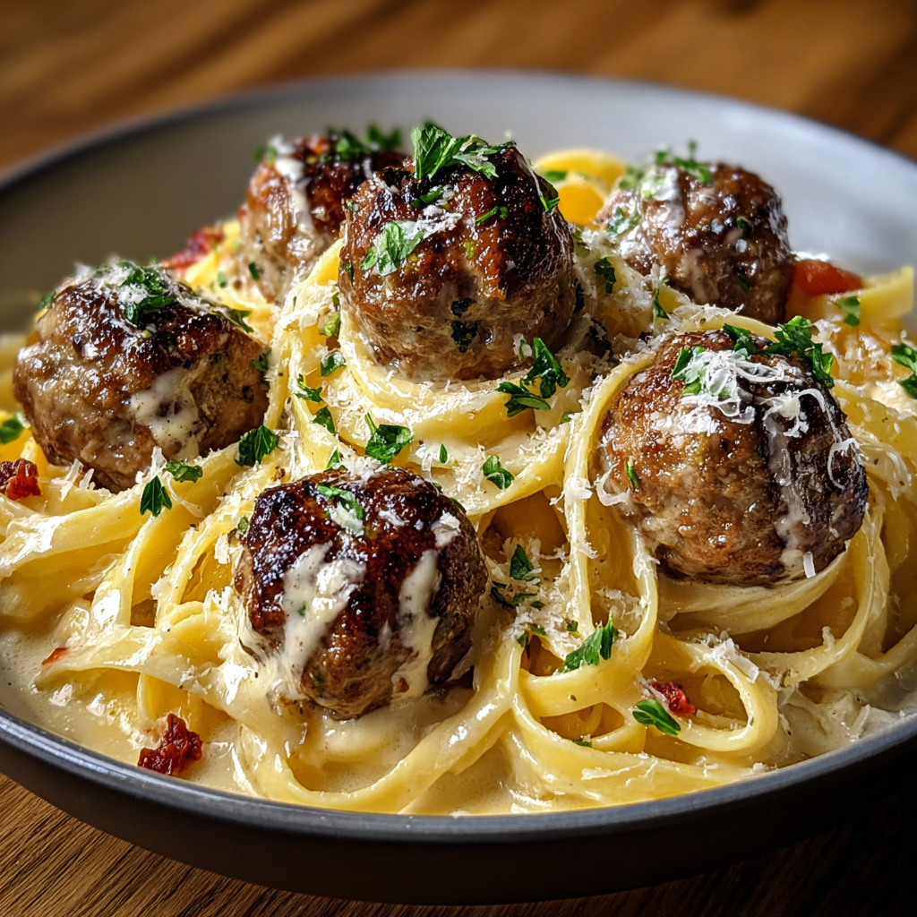 Garlic butter meatballs sizzling in a skillet