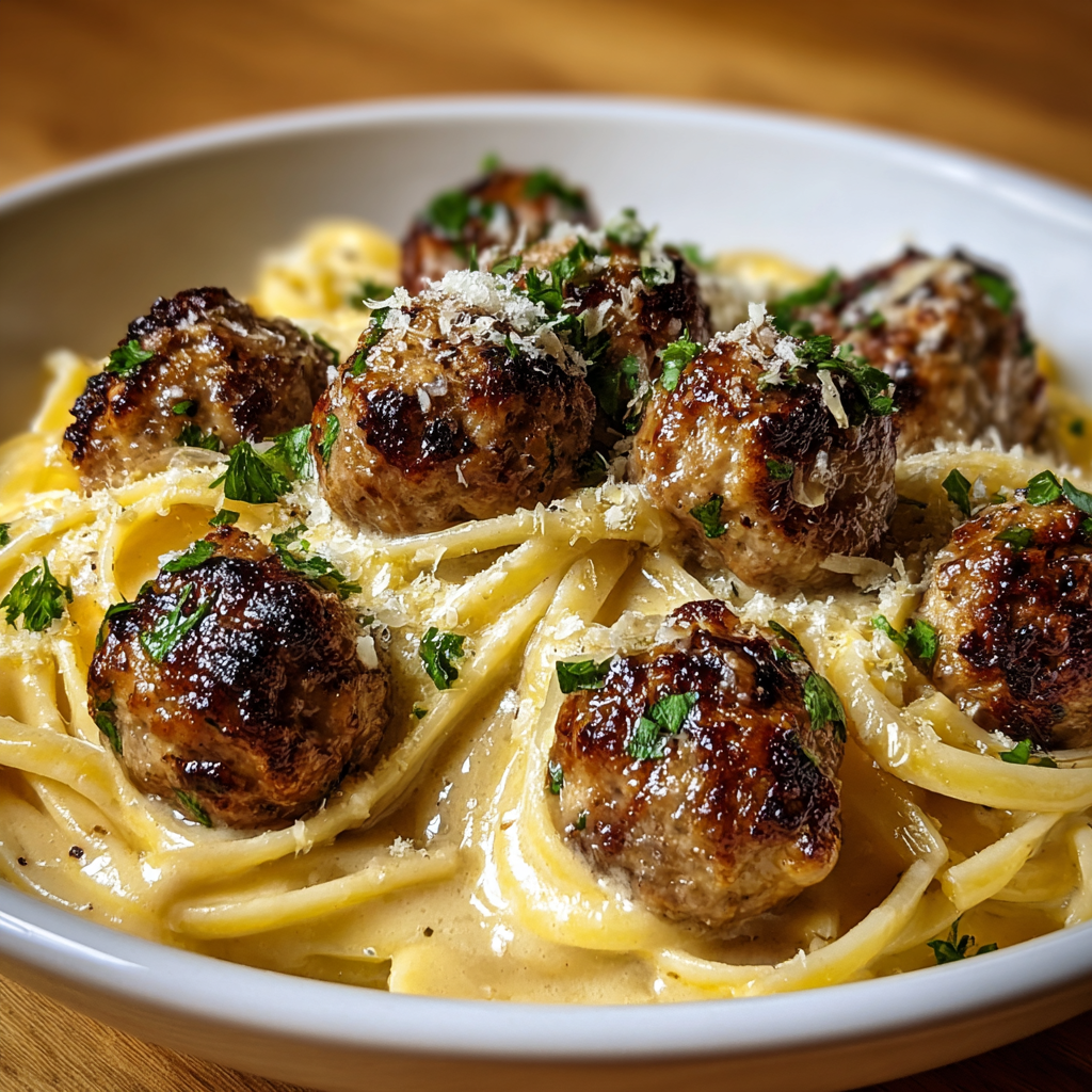 Creamy linguine with meatballs garnished with parsley