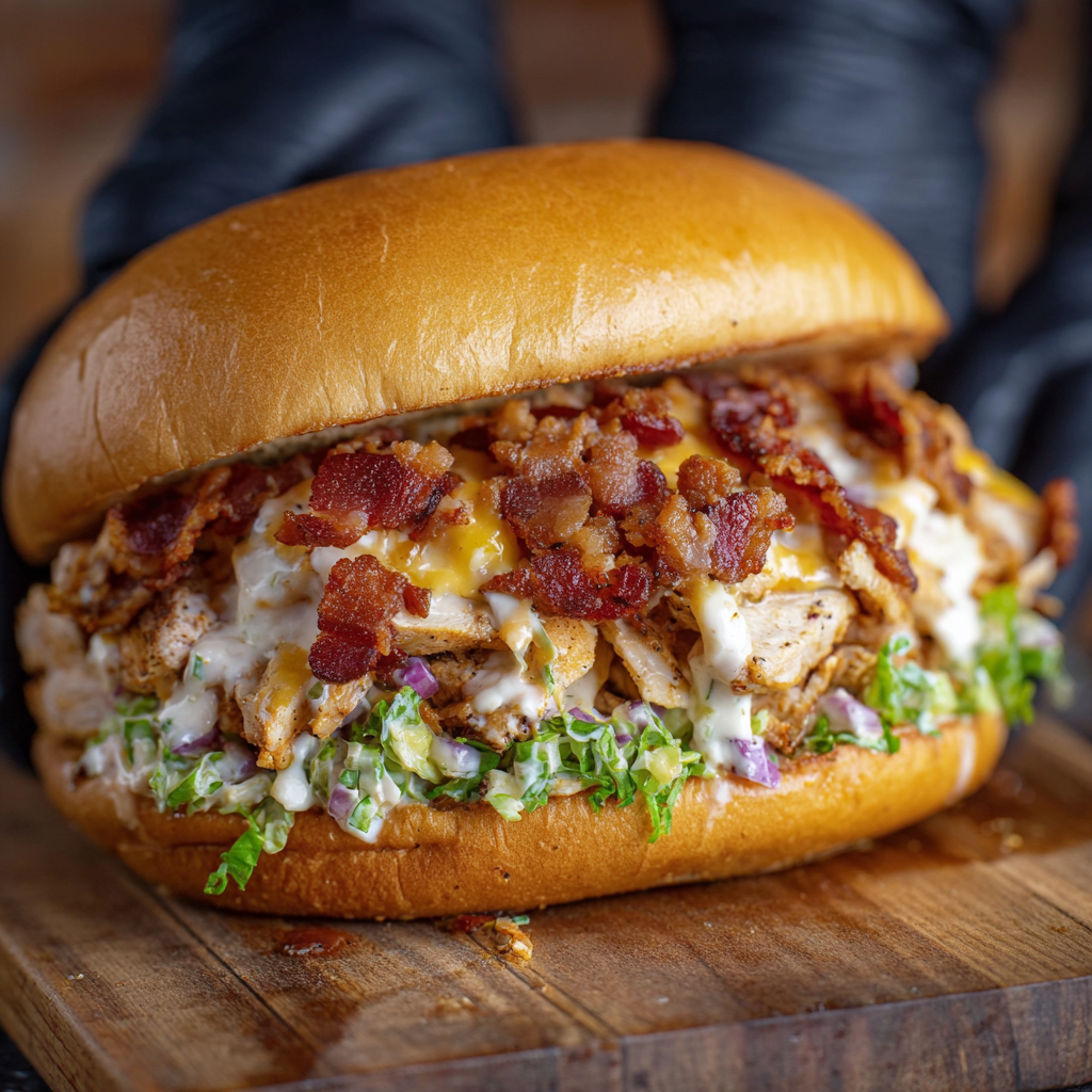 Assembled chopped chicken bacon ranch sandwiches on a cutting board