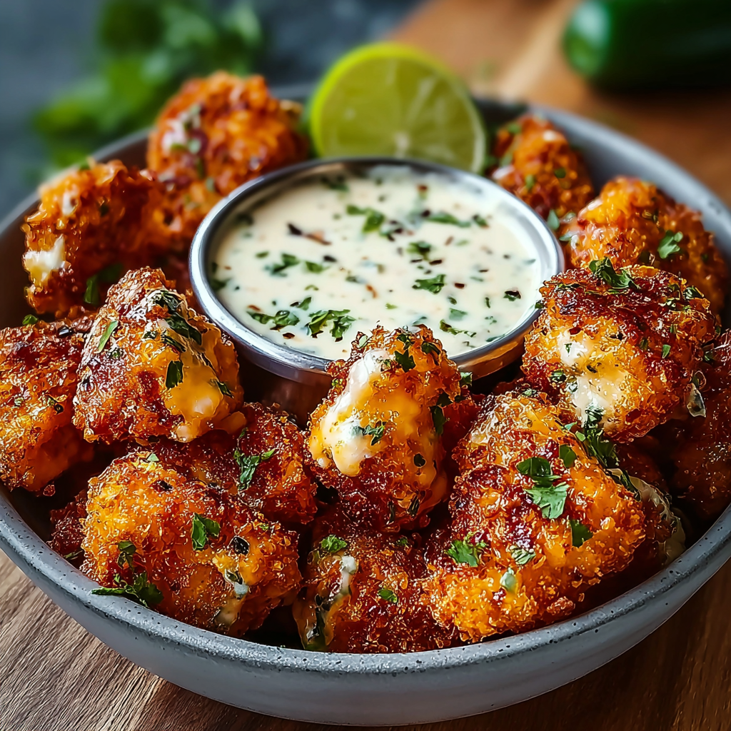 Chicken poppers on a serving plate with dip