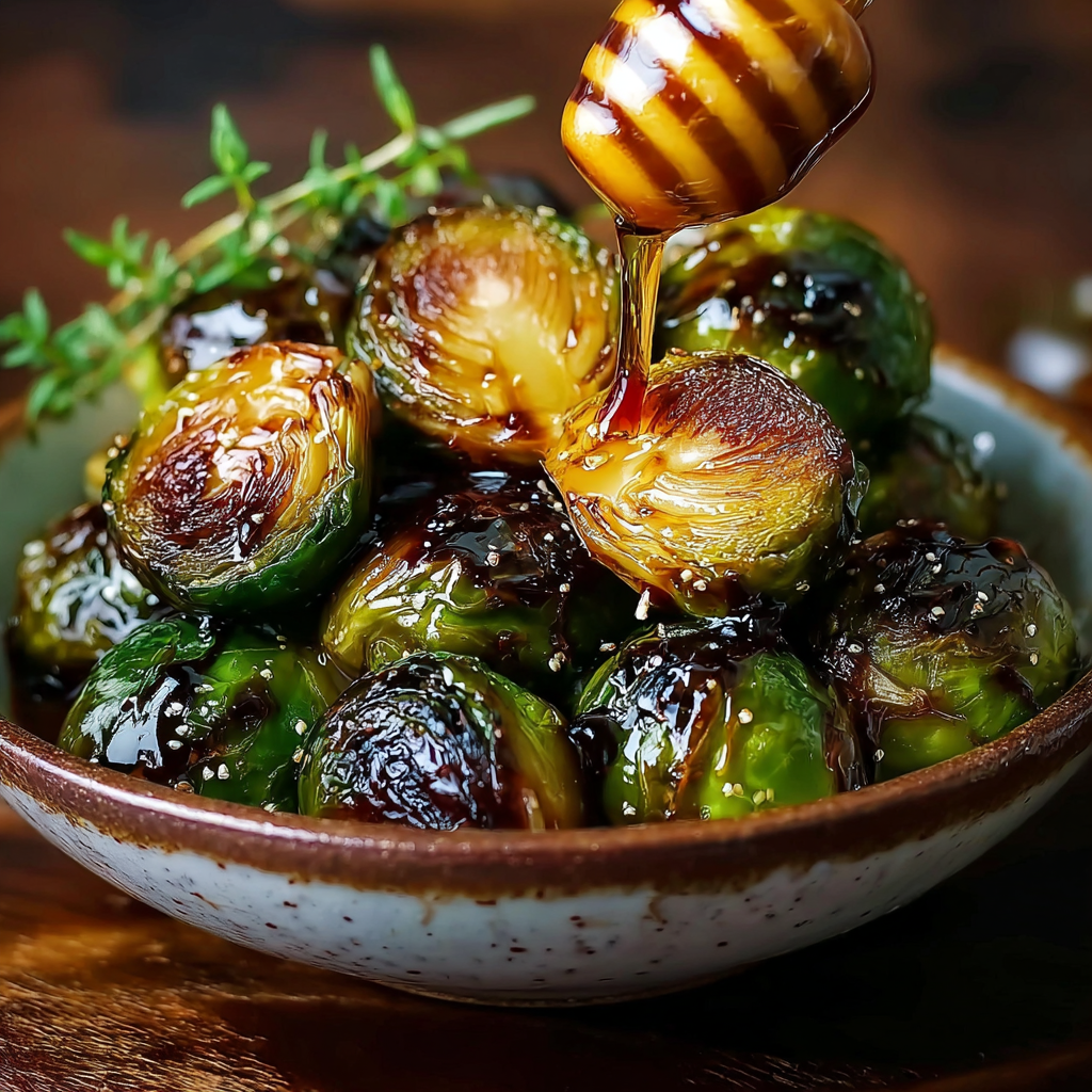 Close-up of glazed Brussels sprouts with nuts