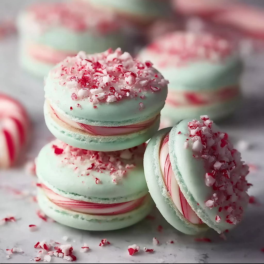 Assembled peppermint macaron sandwiches on plate