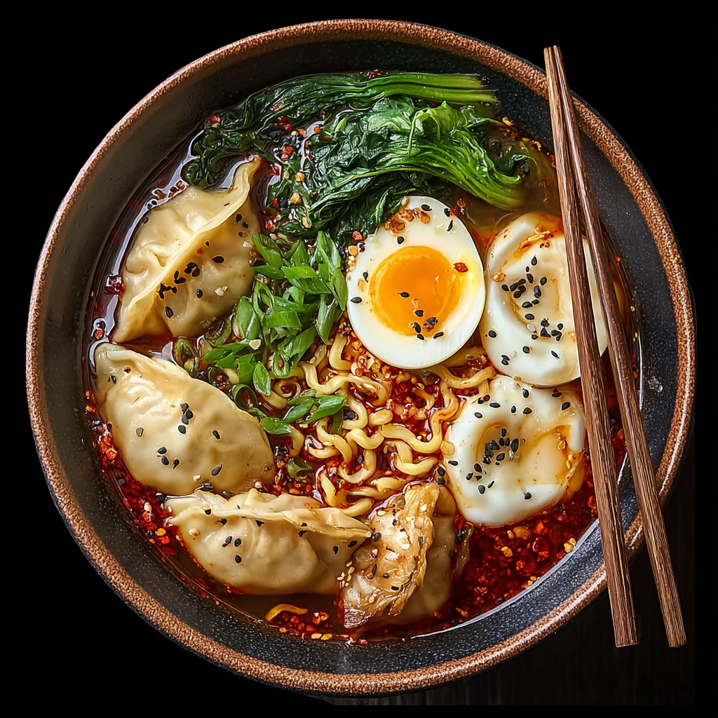 Dumpling ramen bowl steaming in a ceramic bowl