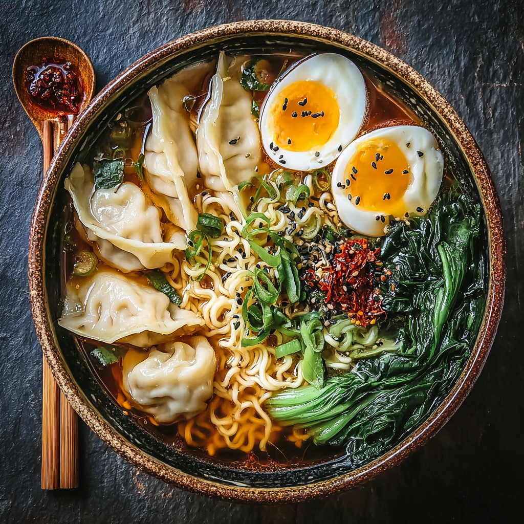 Close-up of halved soft-boiled egg atop dumpling ramen