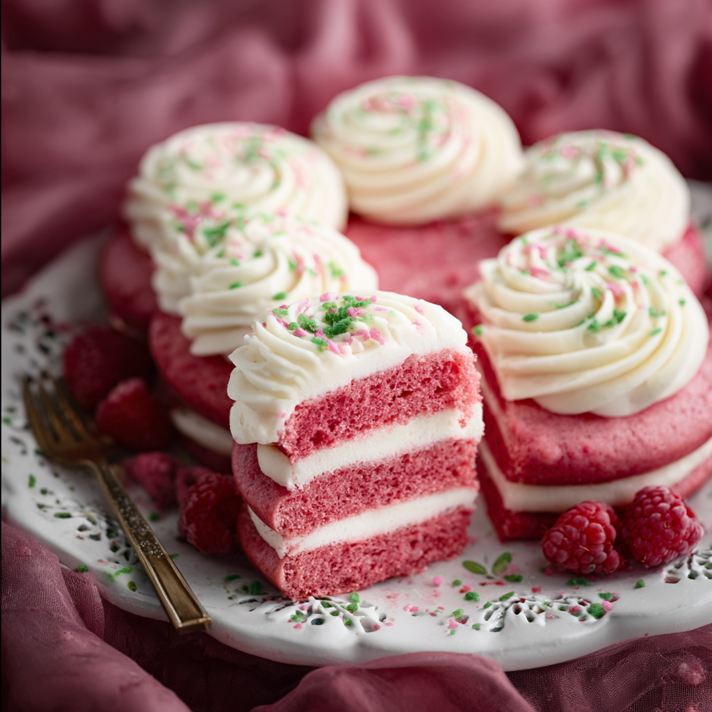 Pink velvet cake sliced on plate