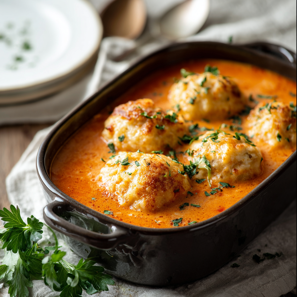 Bowls of tomato soup topped with cheddar bay dumplings