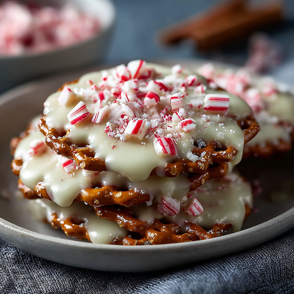White chocolate coated pretzel crisps with peppermint