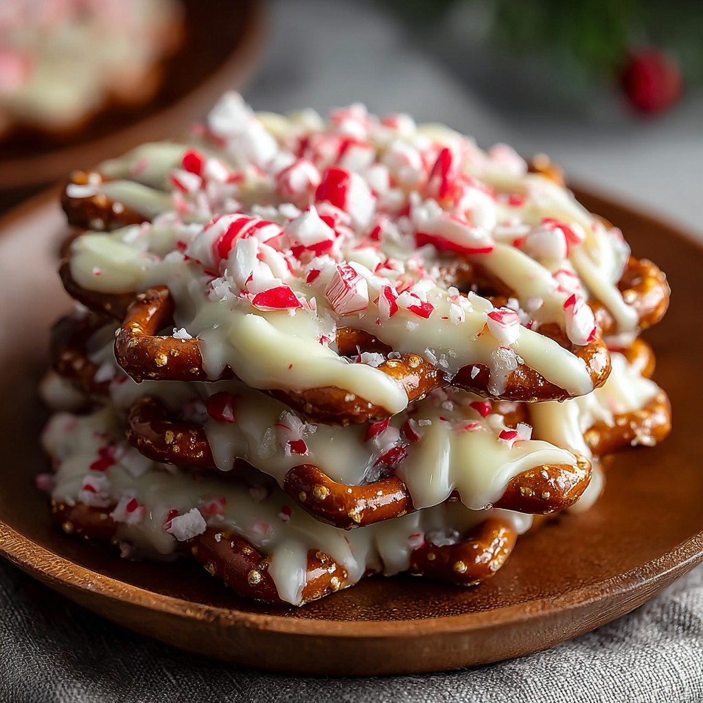 Tray of peppermint pretzel crisps cooling on parchment