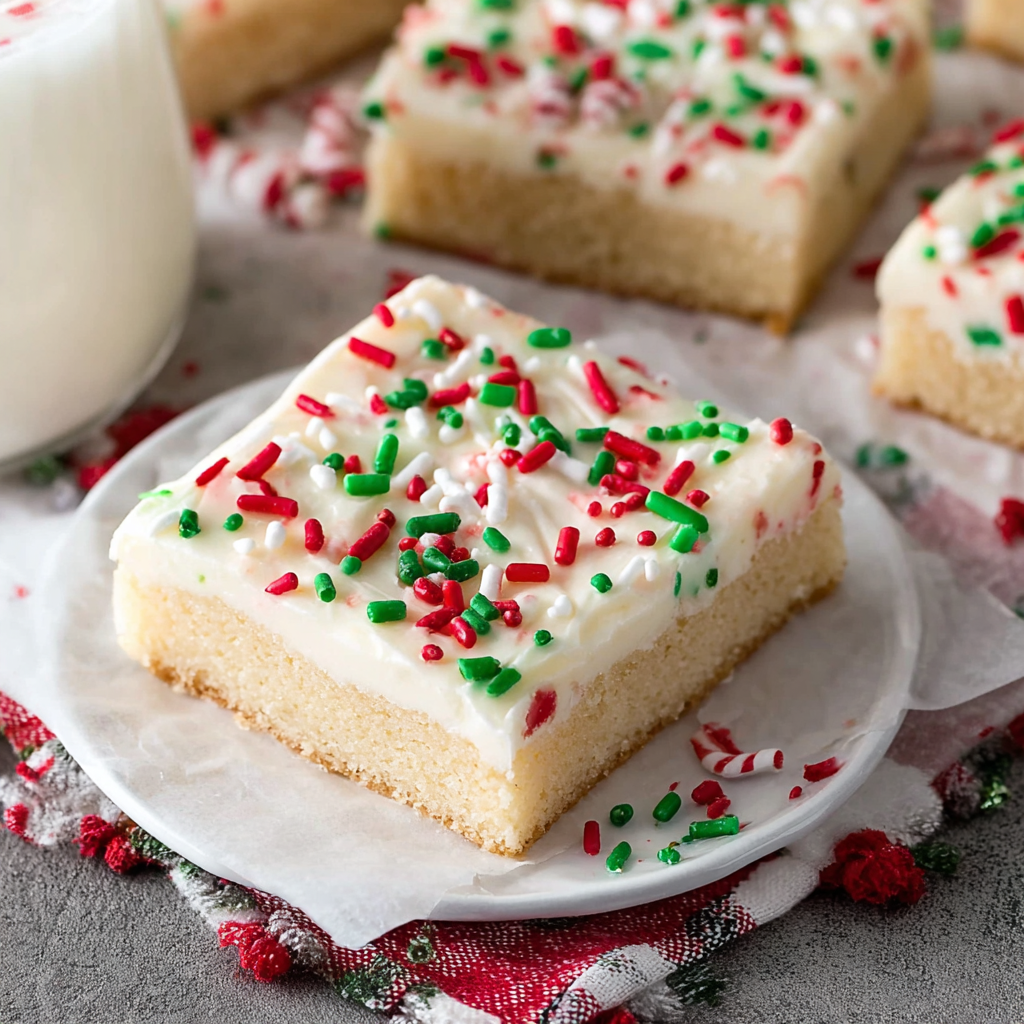 Close-up of frosted sugar cookie bar with sprinkles