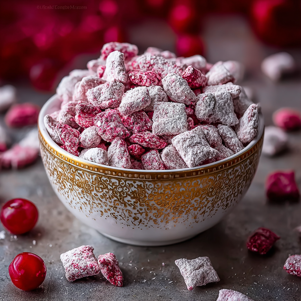 Cherry Cheesecake Puppy Chow set on foil-lined pan