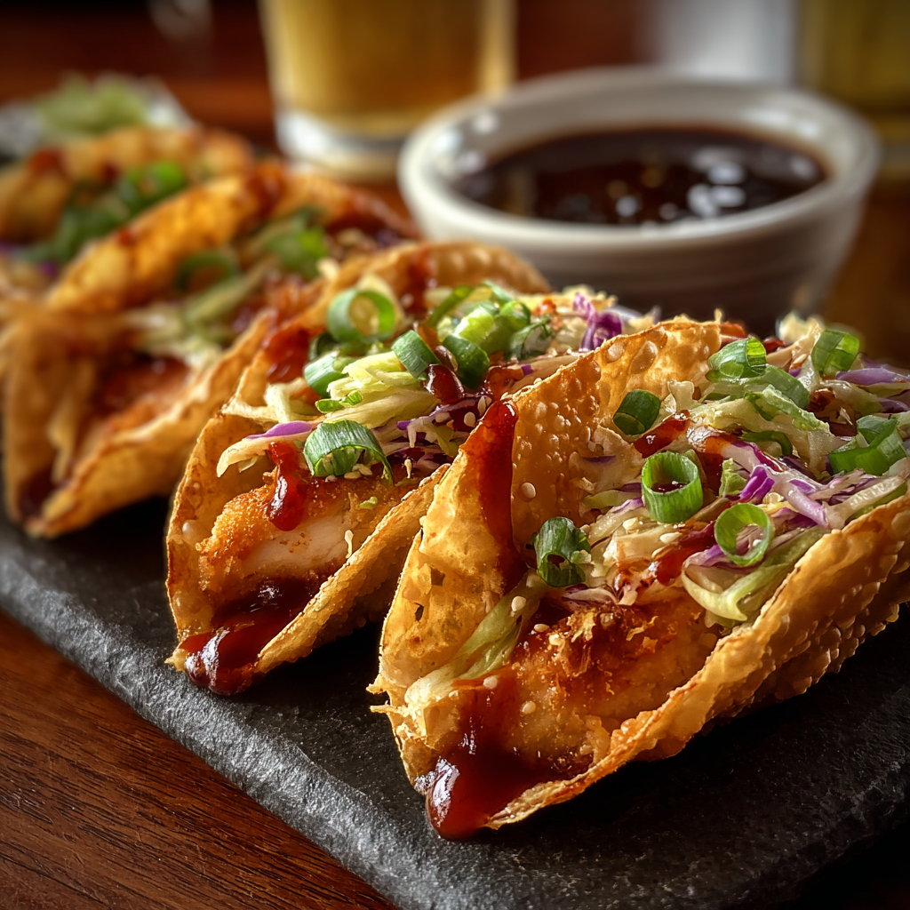 Crisp baked wonton cups filled with hoisin chicken and slaw