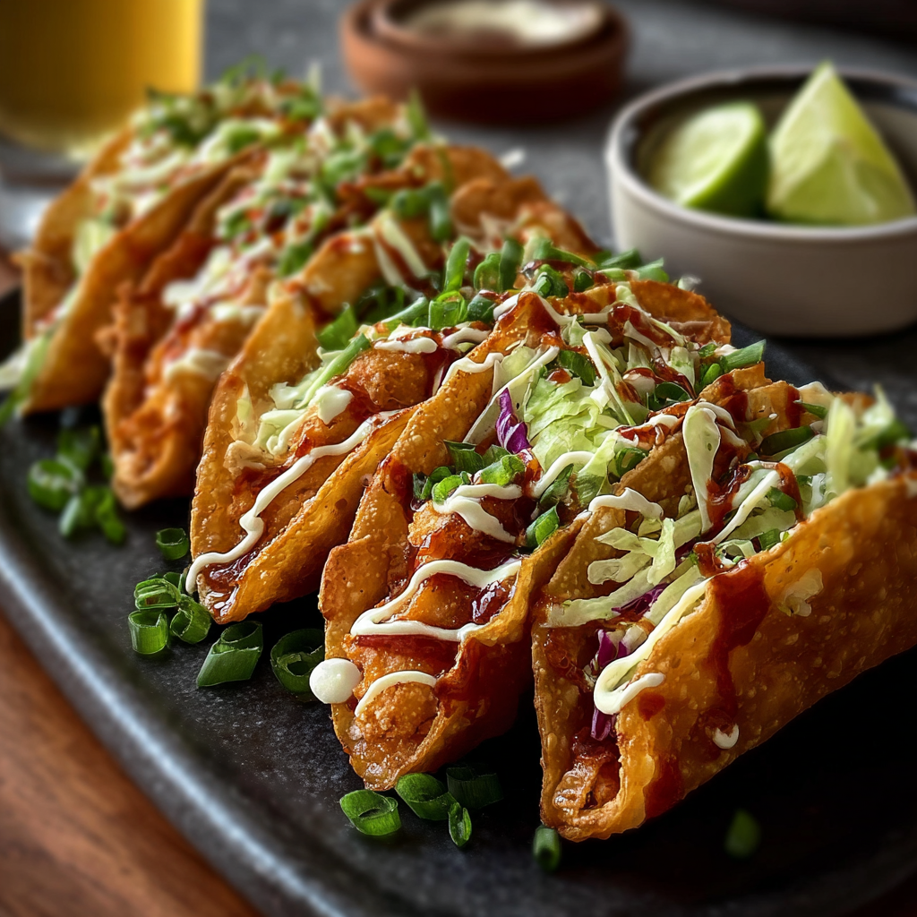 Close up of assembled wonton taco with slaw and sesame