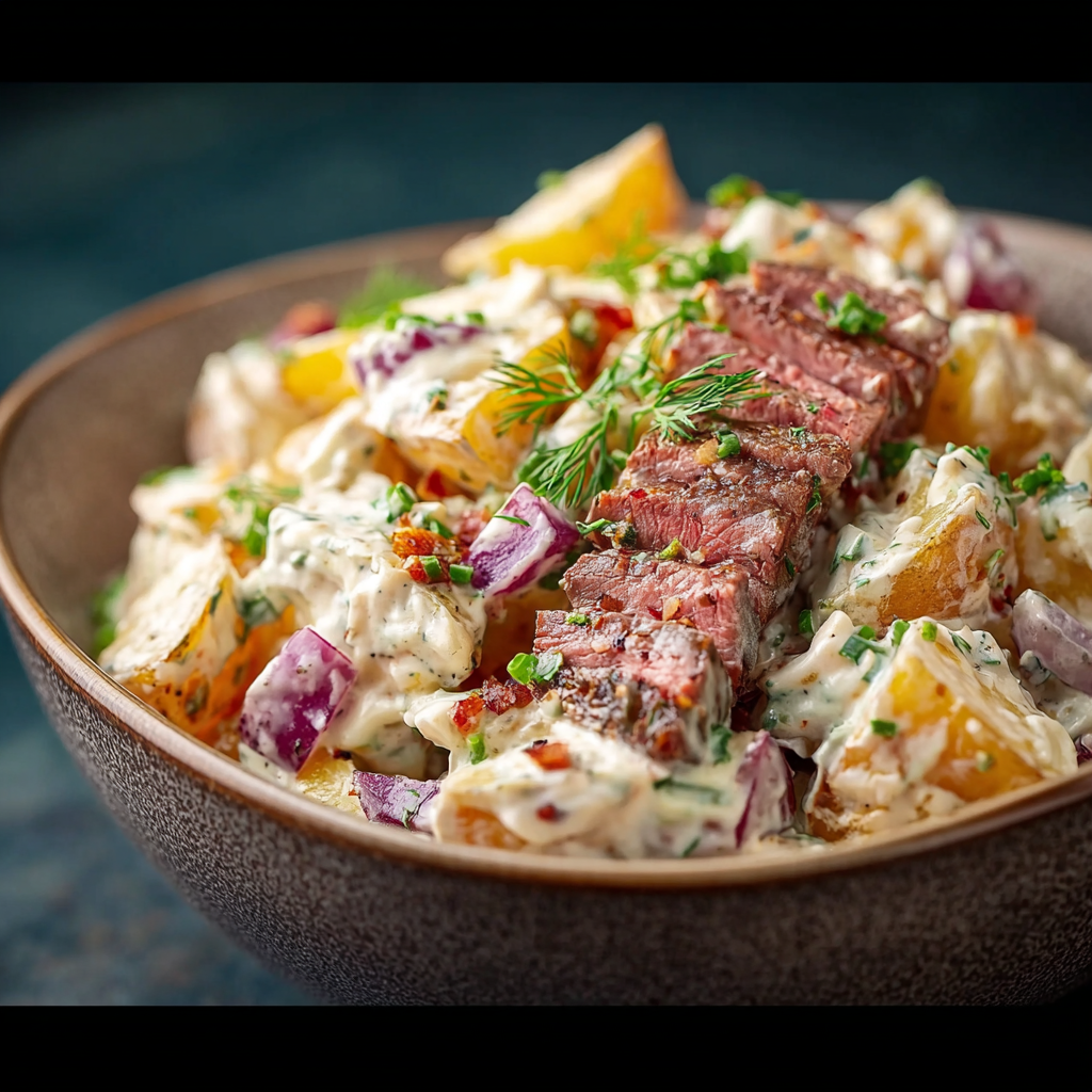 Close-up of potato salad topped with herbs