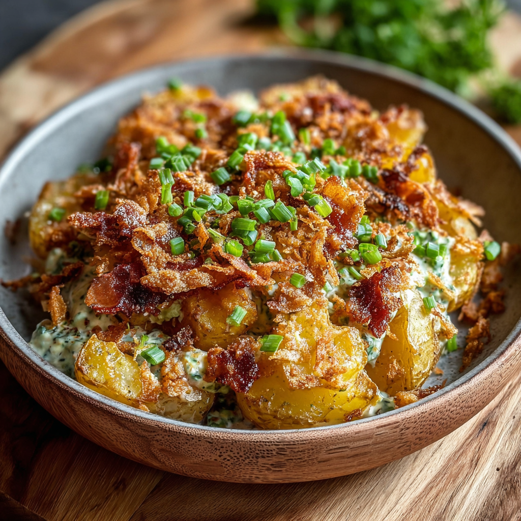 Golden crispy smashed potatoes on a baking sheet