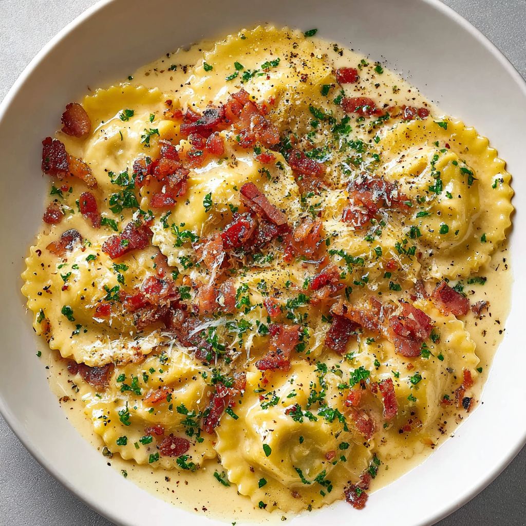 Creamy carbonara sauce being stirred in a skillet